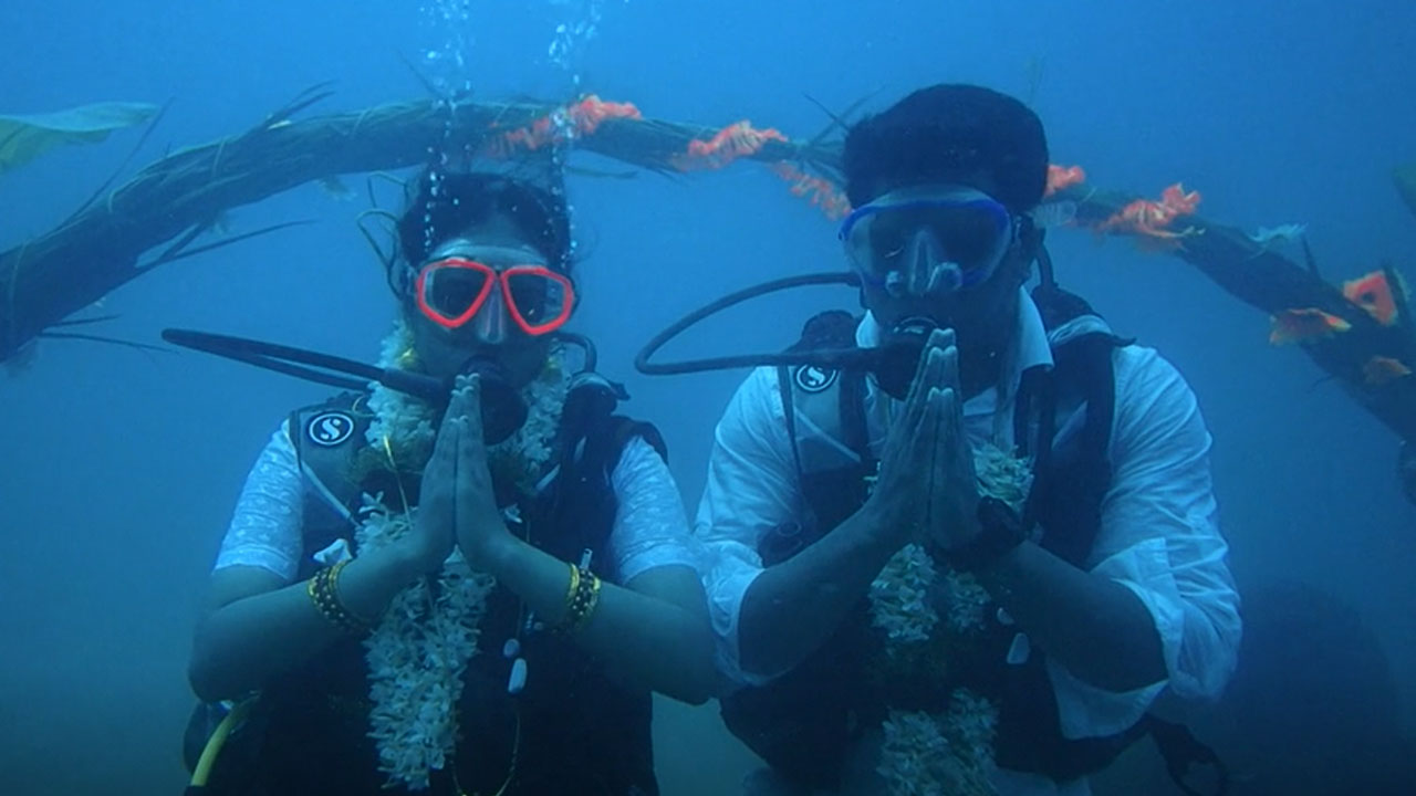 Image result for V Chinnadurai and S Swetha donned traditional clothes and exchanged garlands in a Hindu ceremony - all underwater.